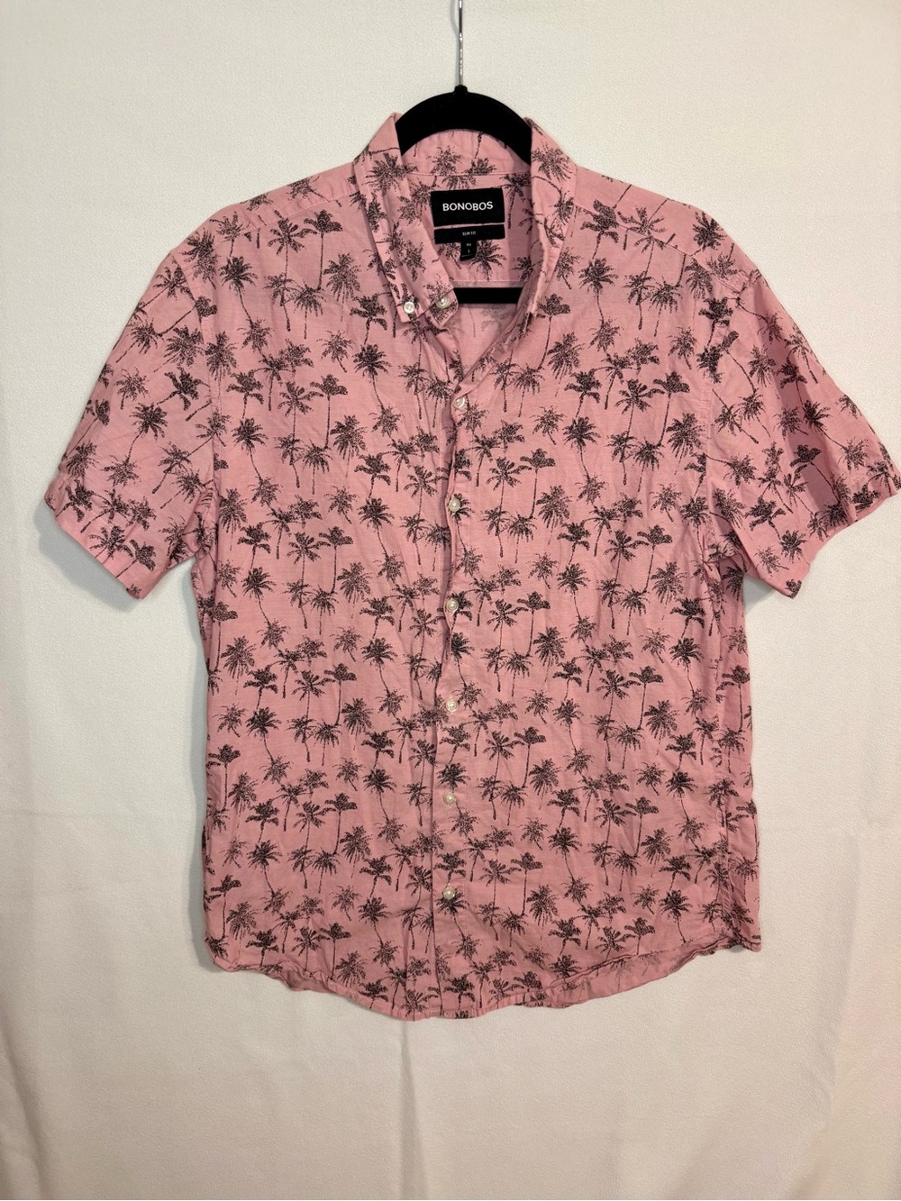 Bonobos Men’s Pink Palm-Print Short Sleeve Button Up Slim Fit Shirt Size Large